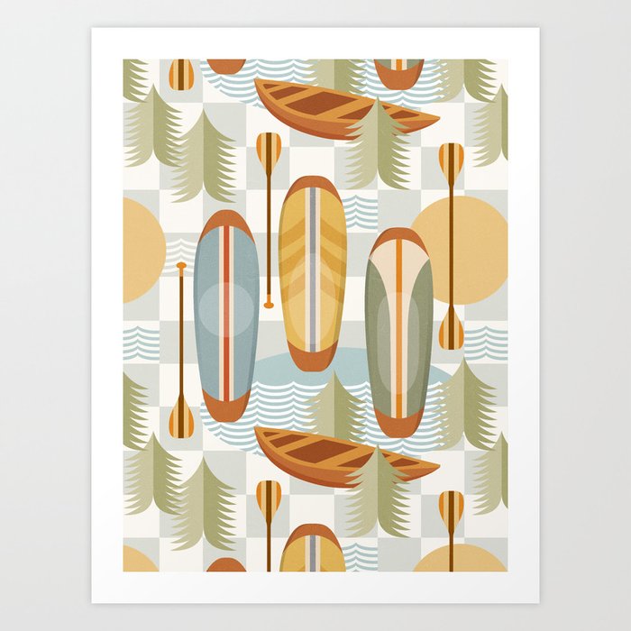 Retro Paddle Board Adventure Pattern 1  Art Print