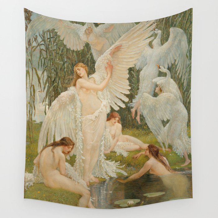 White Swans and the Maidens angelic garden landscape painting by Walter Crane  Wall Tapestry