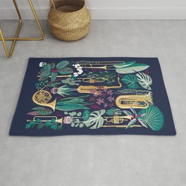 Music to my eyes // oxford navy blue background gold textured musical instruments green indoor plants pink music notes Rug