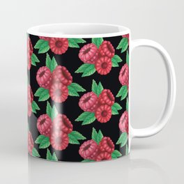 Three raspberries on a branch patern black background Coffee Mug