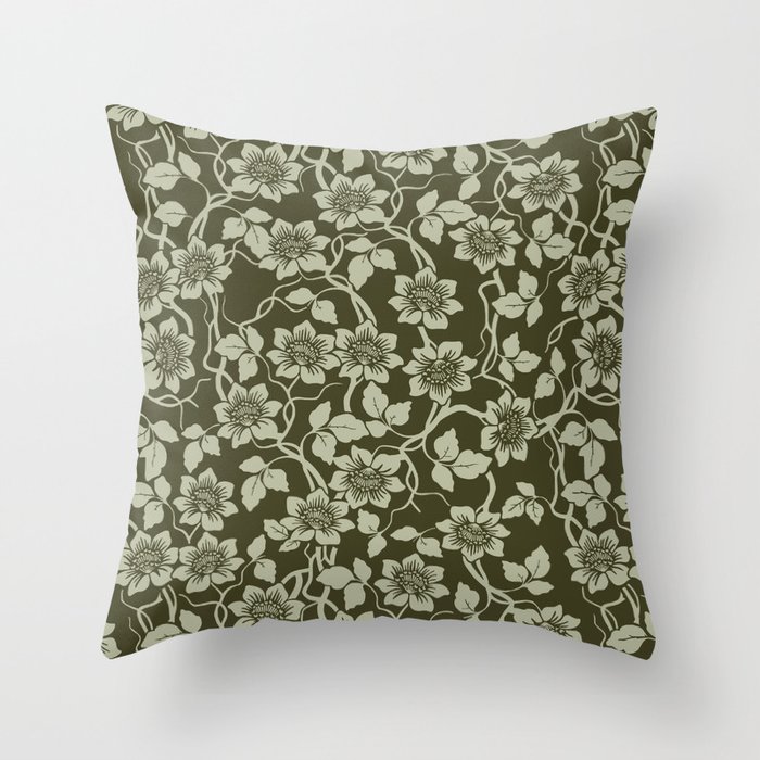 Heritage Floral Pattern Green Throw Pillow
