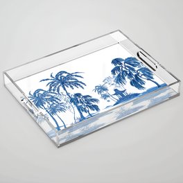 Vintage garden fruit trees, palm trees, sakura trees, plant floral seamless pattern on white background. Exotic blue chinoiserie hand drawn.  Acrylic Tray