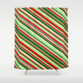 [ Thumbnail: Eyecatching Light Green, Red, Gray, Dark Green, and Tan Colored Lined/Striped Pattern Shower Curtain ]