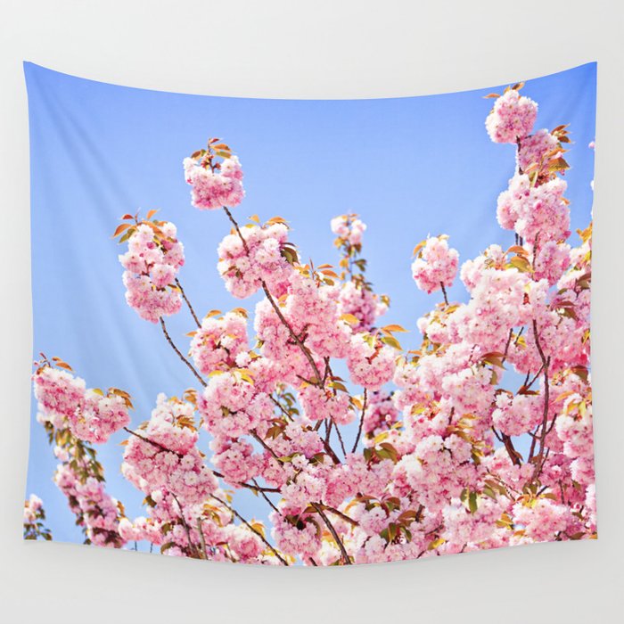 Pink Cherry Blossoms Against Blue Sky Wall Tapestry