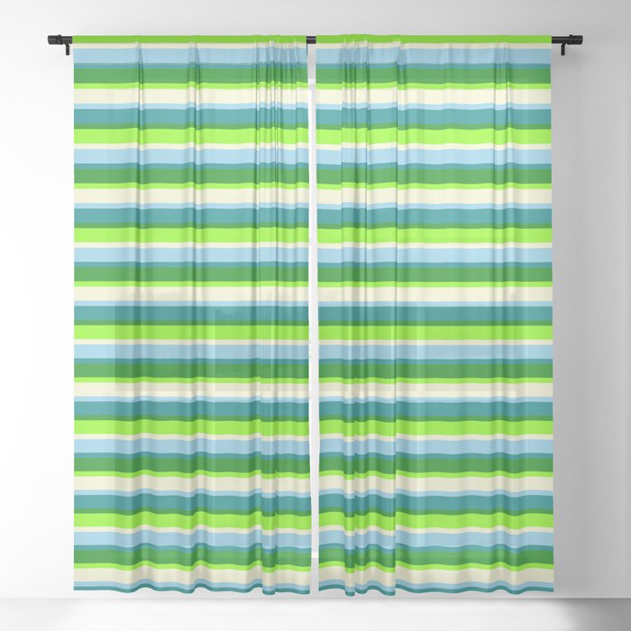 Vibrant Chartreuse, Light Yellow, Sky Blue, Teal, and Green Colored Lined Pattern Sheer Curtain