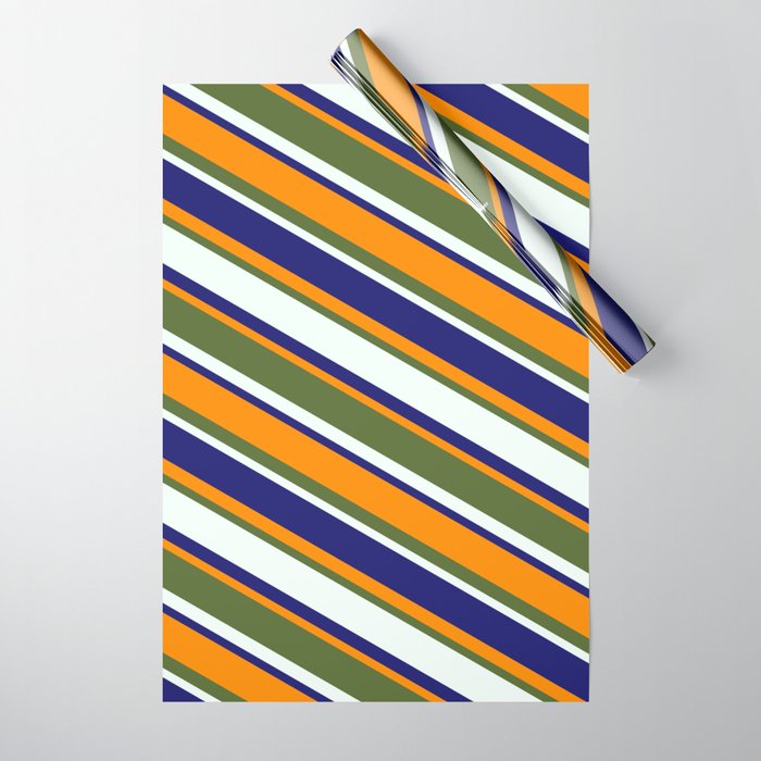 Midnight Blue, Dark Orange, Dark Olive Green, and Mint Cream Colored Pattern of Stripes Wrapping Paper