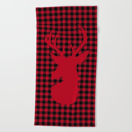 Red Plaid Deer Stag Design Beach Towel