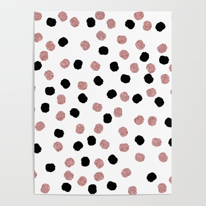 Modern rose gold black abstract brush polka dots Poster