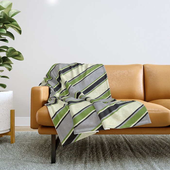 Dark Grey, Green, Light Yellow, and Black Colored Lined Pattern Throw Blanket