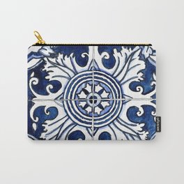 Blue and White Floral Portuguese Tile Carry-All Pouch | White, Ink, Tile, Watercolor, Pattern, Portugal, Blue, Painting, Azulejos 