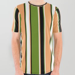[ Thumbnail: Brown, White, Green, and Black Colored Striped/Lined Pattern All Over Graphic Tee ]