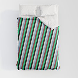 [ Thumbnail: Colorful Light Sky Blue, Brown, Green, Black & White Colored Striped Pattern Duvet Cover ]