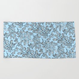 Azure Foliage - Black, White and Blue Hand Drawn Leaf Pattern Beach Towel