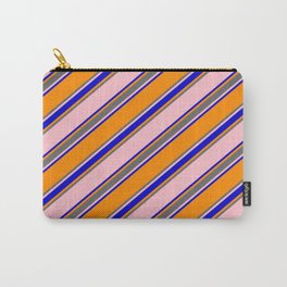[ Thumbnail: Pink, Blue, Dark Orange, and Dim Gray Colored Pattern of Stripes Carry-All Pouch ]