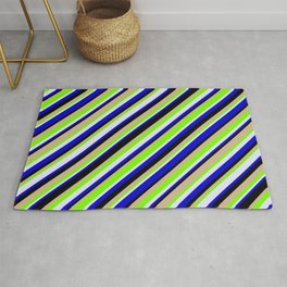 [ Thumbnail: Eye-catching Green, Lavender, Blue, Black, and Tan Colored Lined/Striped Pattern Rug ]