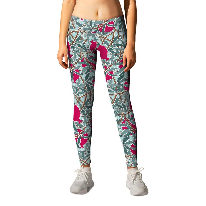 Pomegranates, Fruit, Leaves, Branches in Teals and Fuchsia Leggings