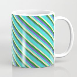 [ Thumbnail: Turquoise, Beige, Forest Green, and Slate Blue Colored Lines/Stripes Pattern Coffee Mug ]