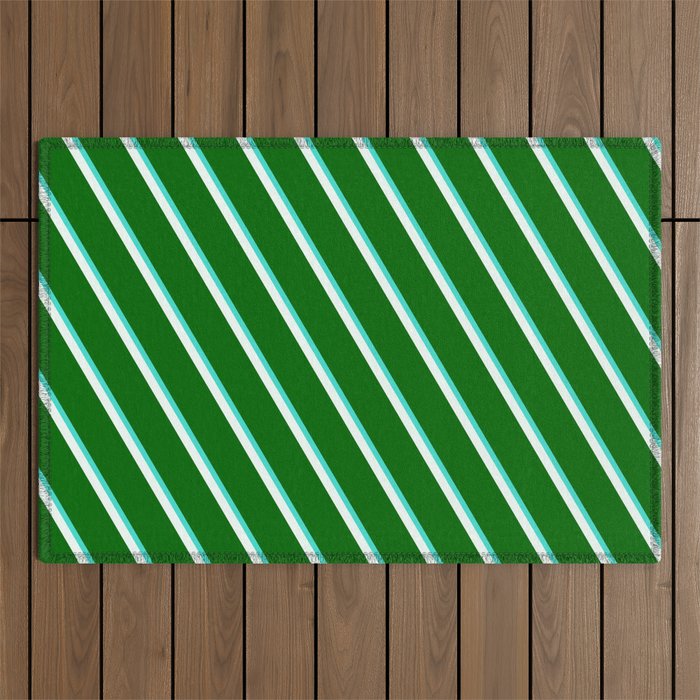 Turquoise, Mint Cream & Dark Green Colored Lined/Striped Pattern Outdoor Rug