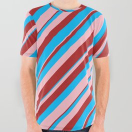 [ Thumbnail: Deep Sky Blue, Pink, and Red Colored Lined/Striped Pattern All Over Graphic Tee ]
