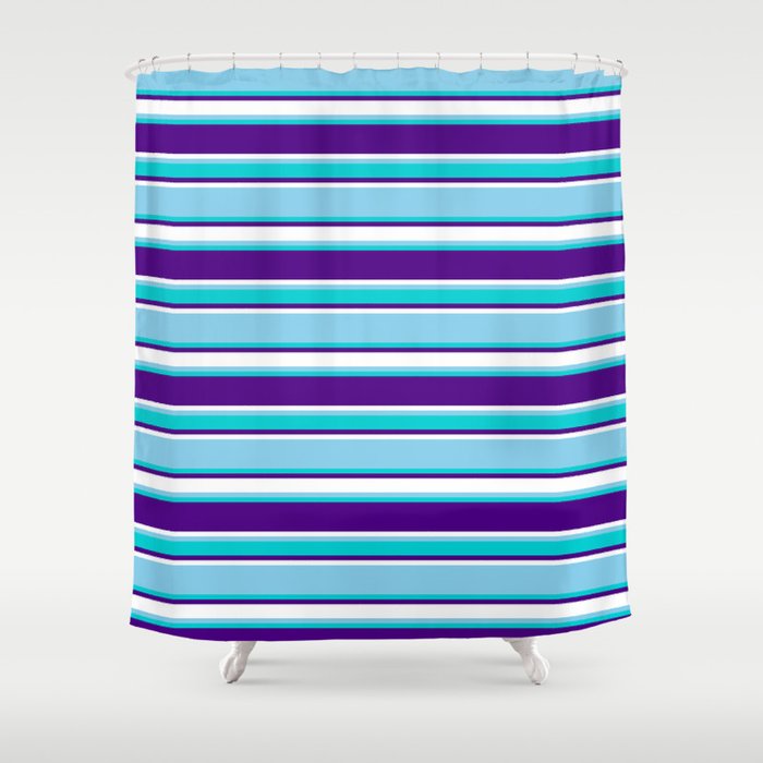 Sky Blue, Dark Turquoise, Indigo & White Colored Lines Pattern Shower Curtain