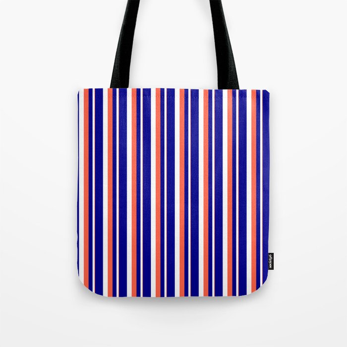 Red, White, and Dark Blue Colored Stripes Pattern Tote Bag