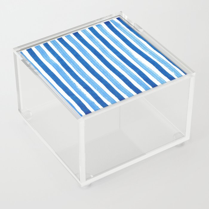 Vertical blue and white striped pattern - watercolor stripes Acrylic Box