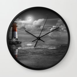 Lighthouse and Sailboat under moonlight Wall Clock | Sea, Digital, Ocean, Collage, Sailboat, Photomontage, Moonlight, Vintage, Lighthouse, Illustration 