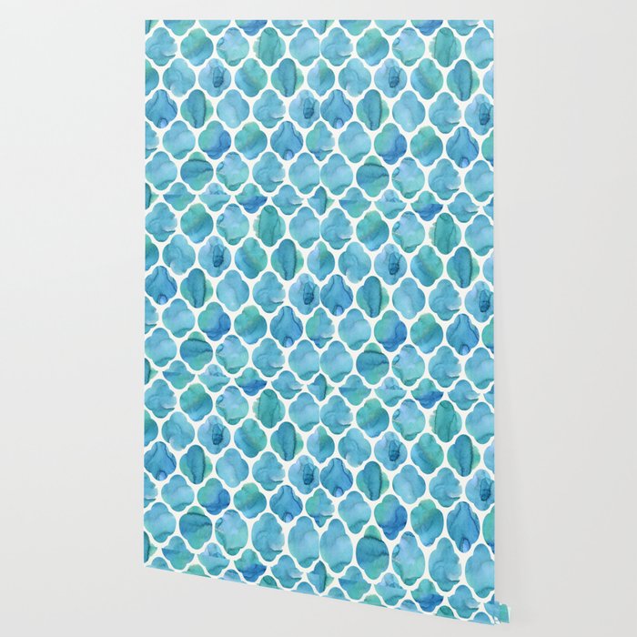Watercolour Blue Moroccan Tile Print Wallpaper By Lauhomas2 Watercolour Blue Moroccan Tile Print Wallpaper
