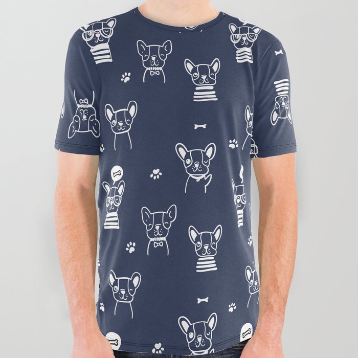 Navy Blue and White Hand Drawn Dog Puppy Pattern All Over Graphic Tee