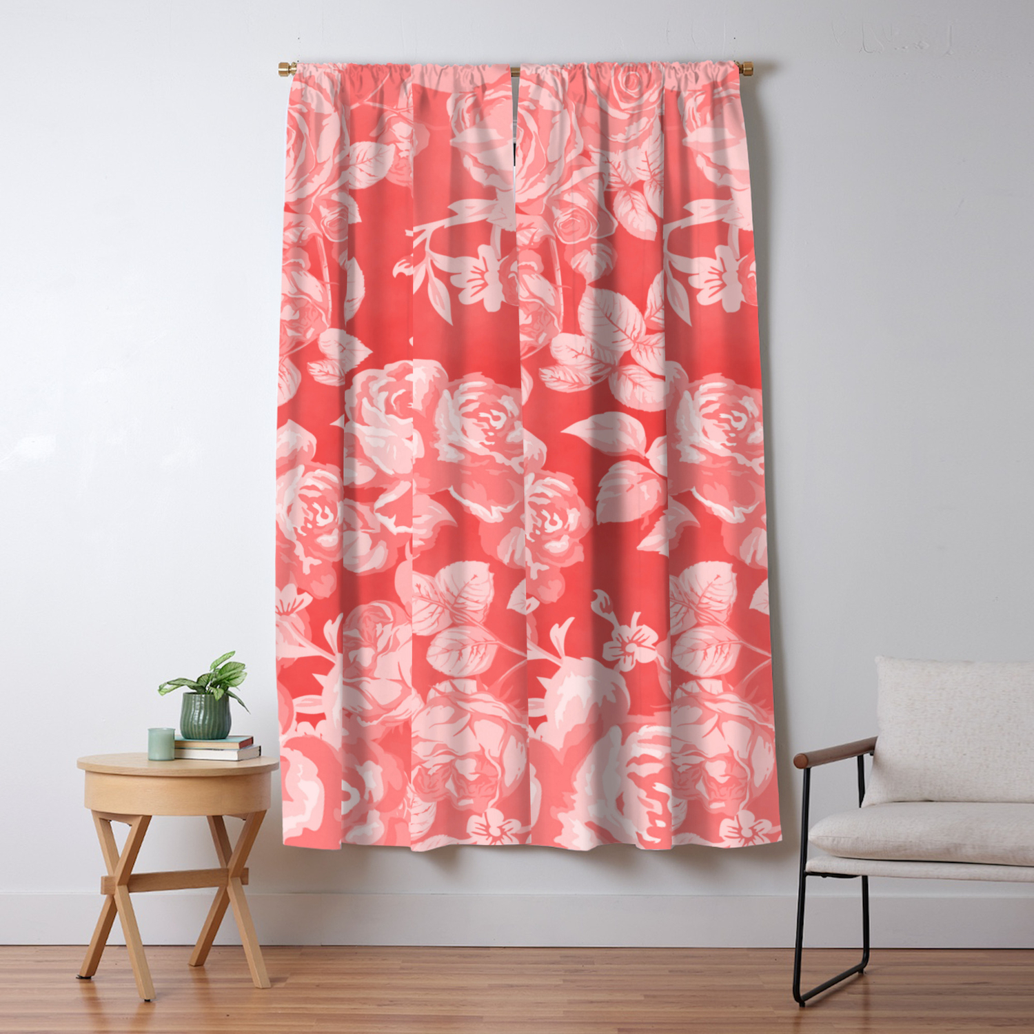 Living Coral Pink Watercolor Country Chic Floral Blackout Curtain