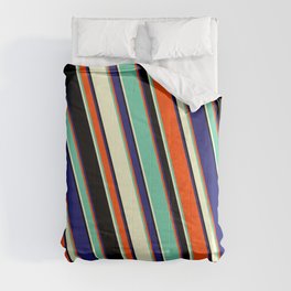 [ Thumbnail: Red, Aquamarine, Light Yellow, Black & Midnight Blue Colored Lines/Stripes Pattern Comforter ]