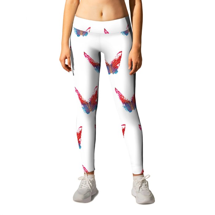Abstract red and blue butterflies pattern with fan Leggings