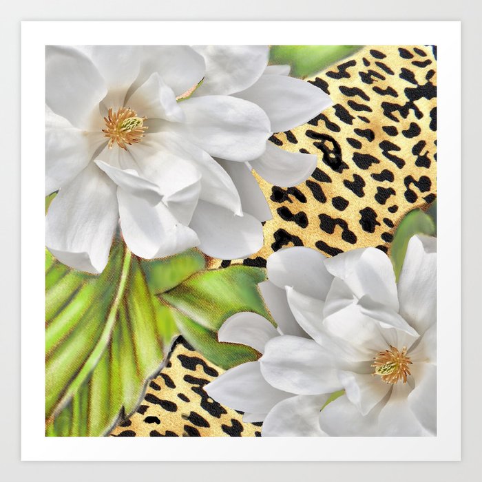 Magnolias on a Leopard Skin Pattern Art Print