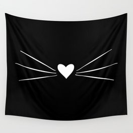 Cat Heart Nose & Whiskers White on Black Wall Tapestry
