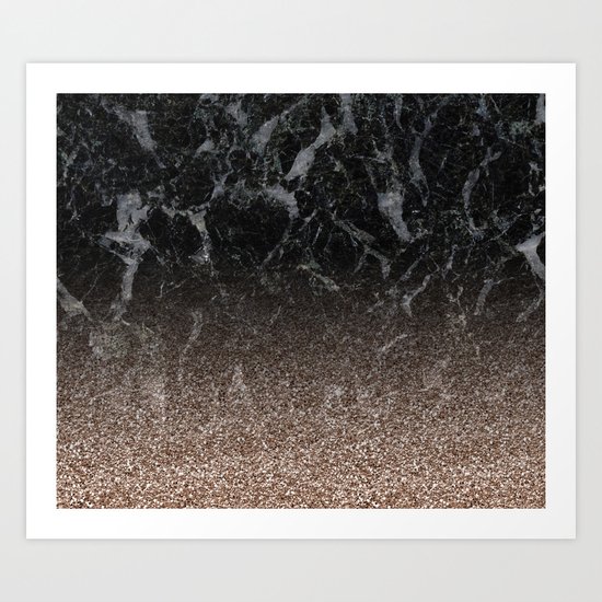 Glitter ombre - black marble & rose gold glitter Art Print