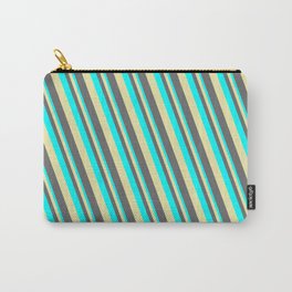 [ Thumbnail: Cyan, Pale Goldenrod & Dim Grey Colored Lines/Stripes Pattern Carry-All Pouch ]