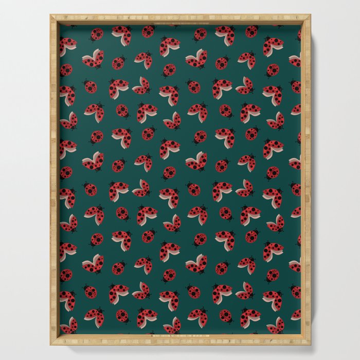Seamless pattern with the image of flying and crawling ladybugs on a green background for printing on fabric and other surfaces Serving Tray