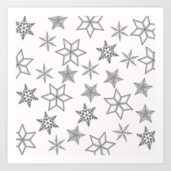 Grey Snowflakes On White Background Art Print