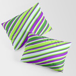 [ Thumbnail: Dark Violet, Light Cyan, Light Green & Forest Green Colored Lines Pattern Pillow Sham ]