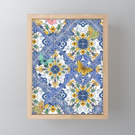 Blue ceramic maiolica tiles, yellow flowers and butterflies Framed Mini Art Print