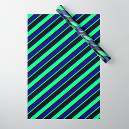 [ Thumbnail: Blue, Green & Black Colored Striped/Lined Pattern Wrapping Paper ]