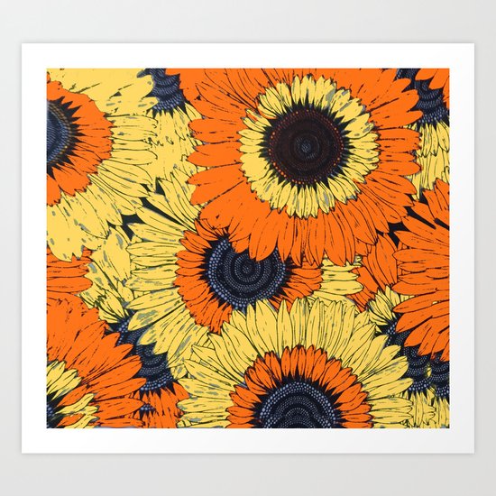 Abstracted Orange Yellow Deco Sunflowers Art Print
