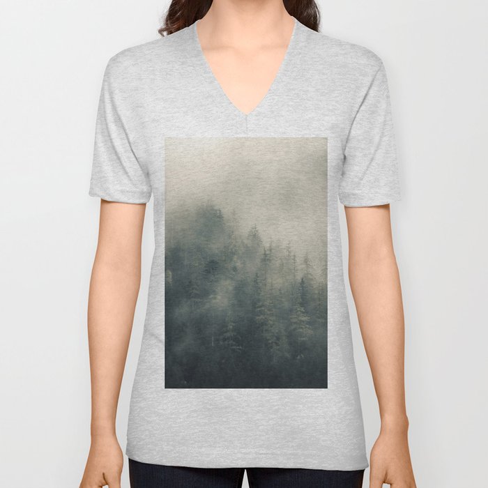 Misty Pine Forest 2 V Neck T Shirt
