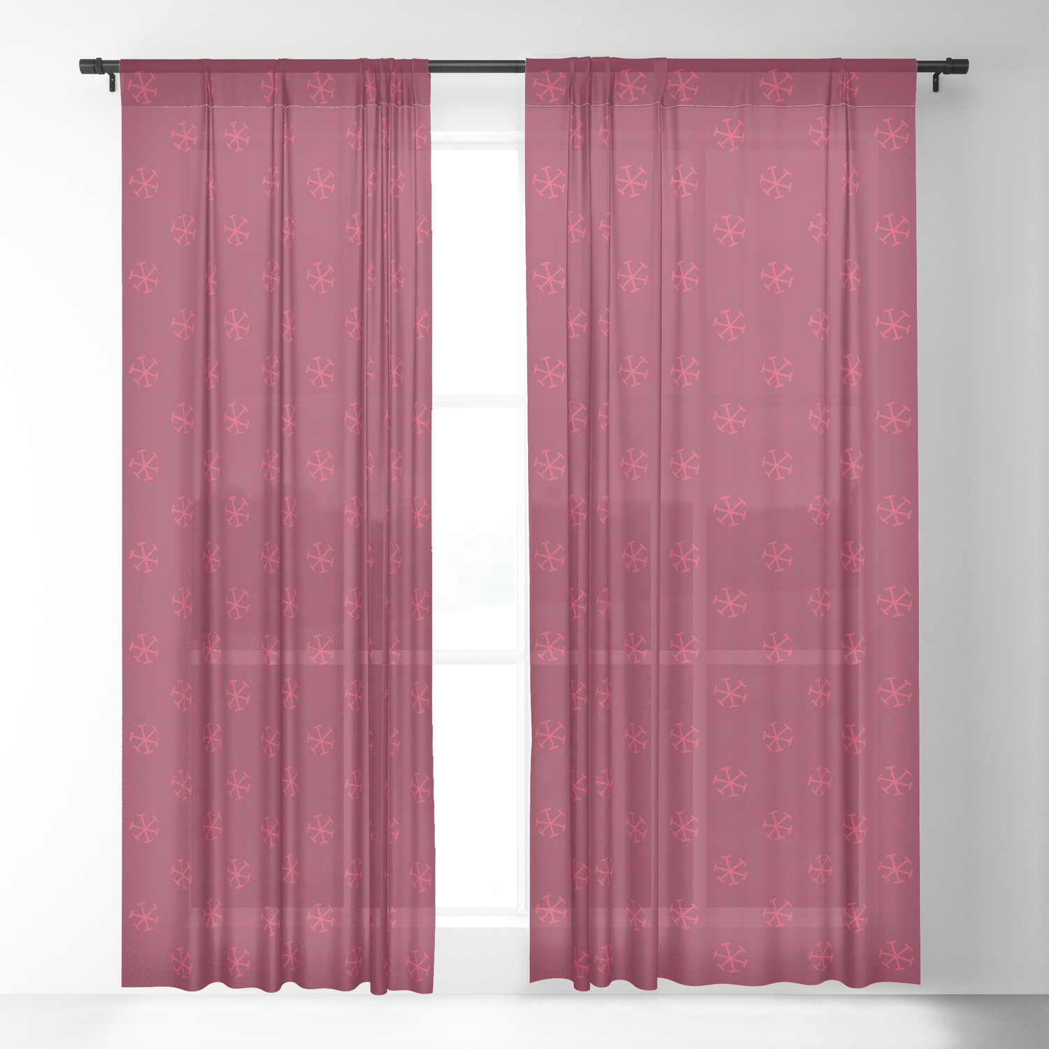 Crimson Red On Burgundy Red Snowflakes Sheer Curtain By