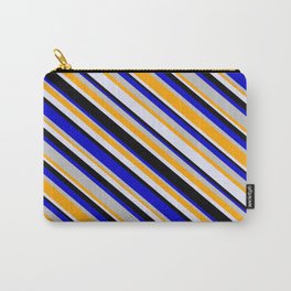 [ Thumbnail: Eye-catching Blue, Grey, Orange, Lavender, and Black Colored Stripes/Lines Pattern Carry-All Pouch ]
