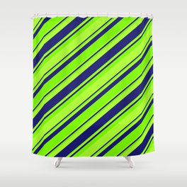 [ Thumbnail: Green, Light Green & Midnight Blue Colored Striped/Lined Pattern Shower Curtain ]