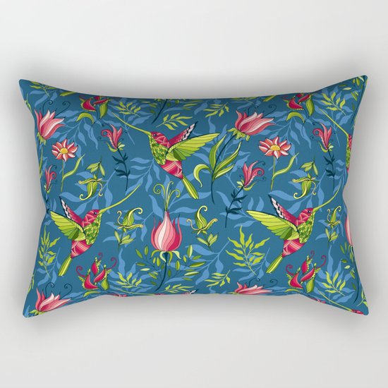 Hummingbirds and flowers. Blue pattern Rectangular Pillow