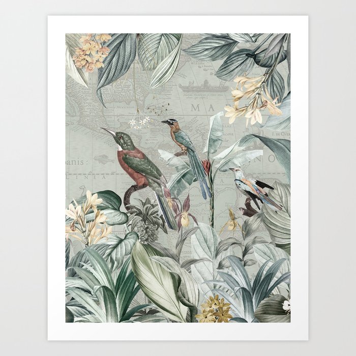 Vintage Silver Tropical Birds Jungle  Art Print