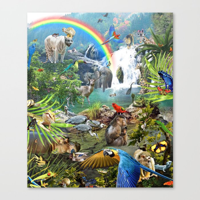 Jungle Waterfall Wild Animal Animals Scene Canvas Print