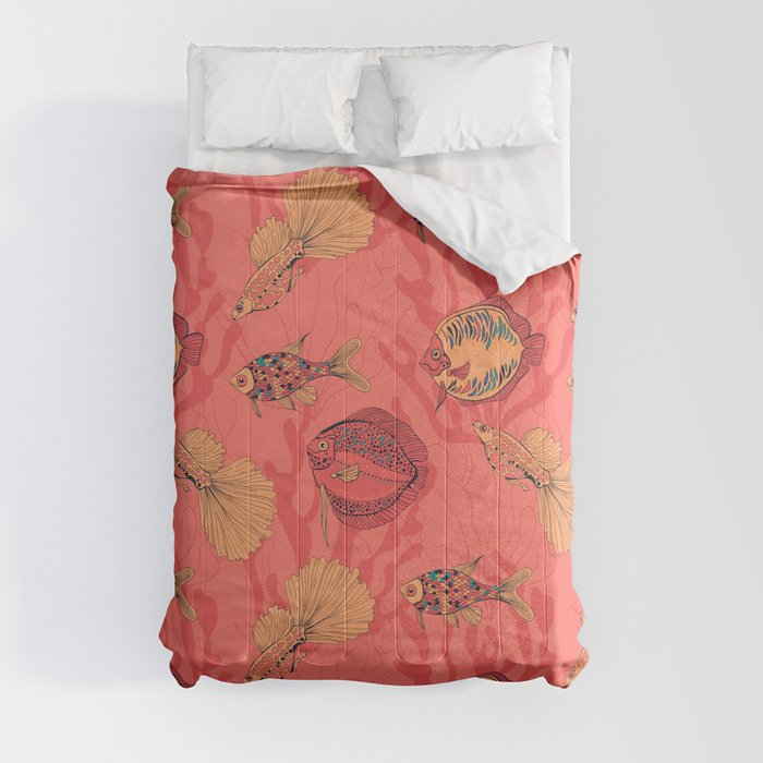 Fishes on living coral background Comforter